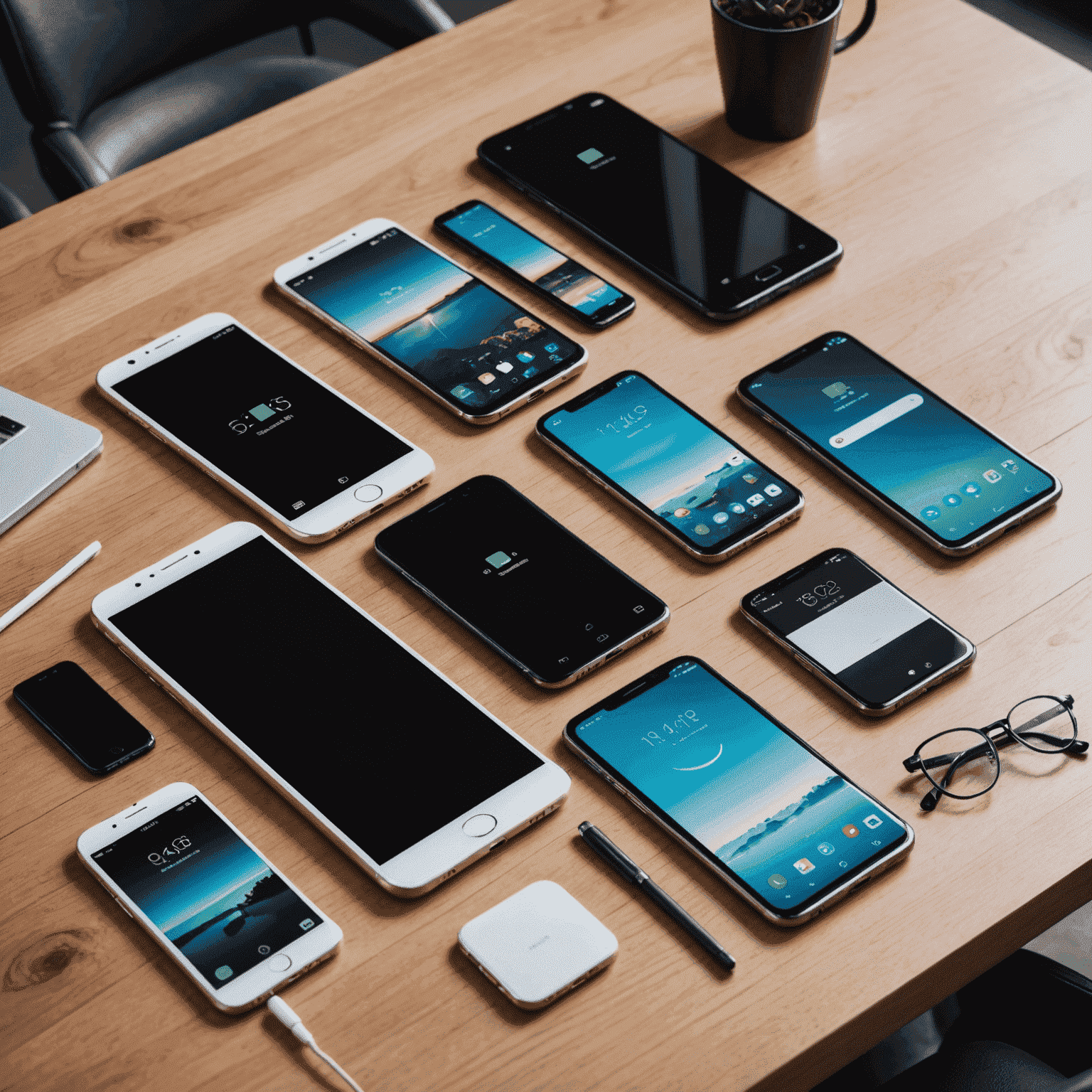 Various new smartphone models displayed on a sleek, modern table with specs floating around them