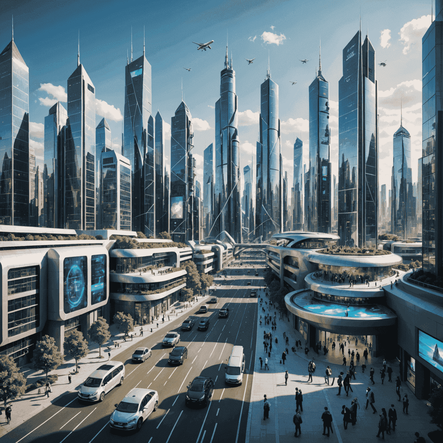 A futuristic cityscape with 5G towers and people using advanced mobile devices, showcasing the interconnected world of high-speed mobile networks