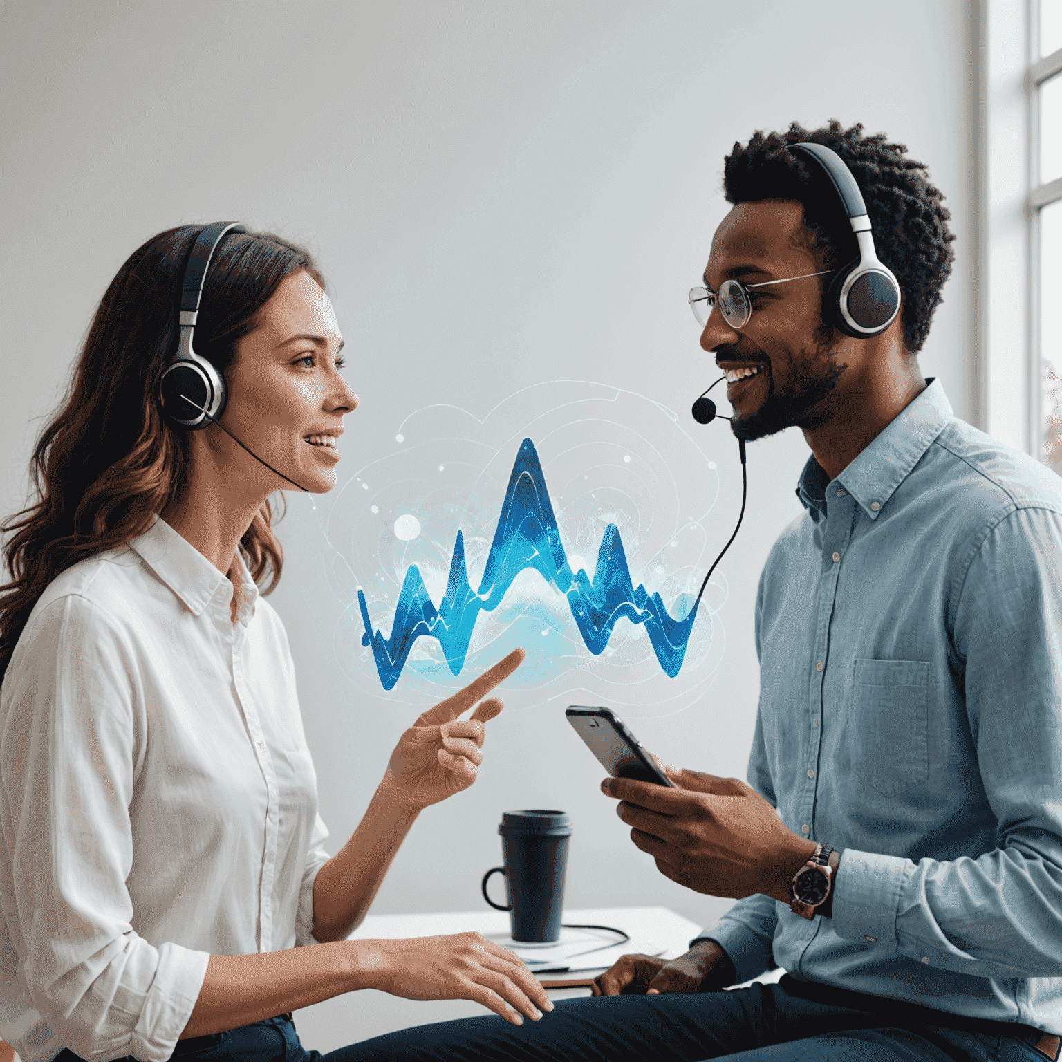 A high-quality illustration showcasing crystal-clear voice calls. The image depicts two people having a conversation with sound waves connecting their devices, emphasizing the clarity and global reach of the service.