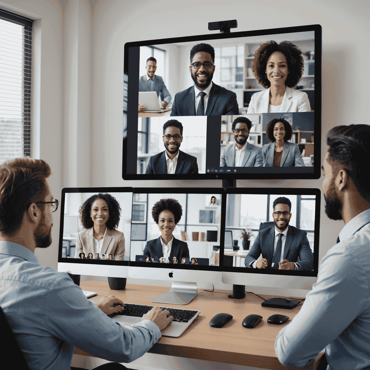 A group of diverse professionals engaged in a video conference call, showcasing multiple screens with faces and a central shared presentation. The image emphasizes the clarity and quality of the video feed.