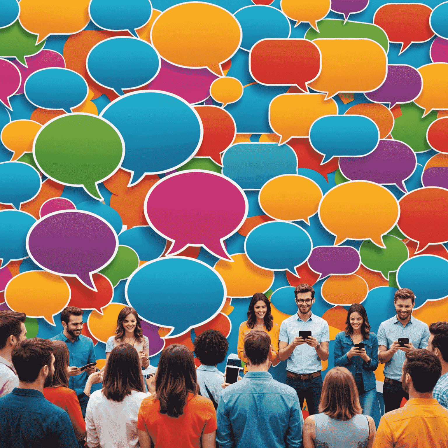 A group of people using smartphones to send instant messages. The image shows colorful chat bubbles floating between devices, representing quick and easy communication.