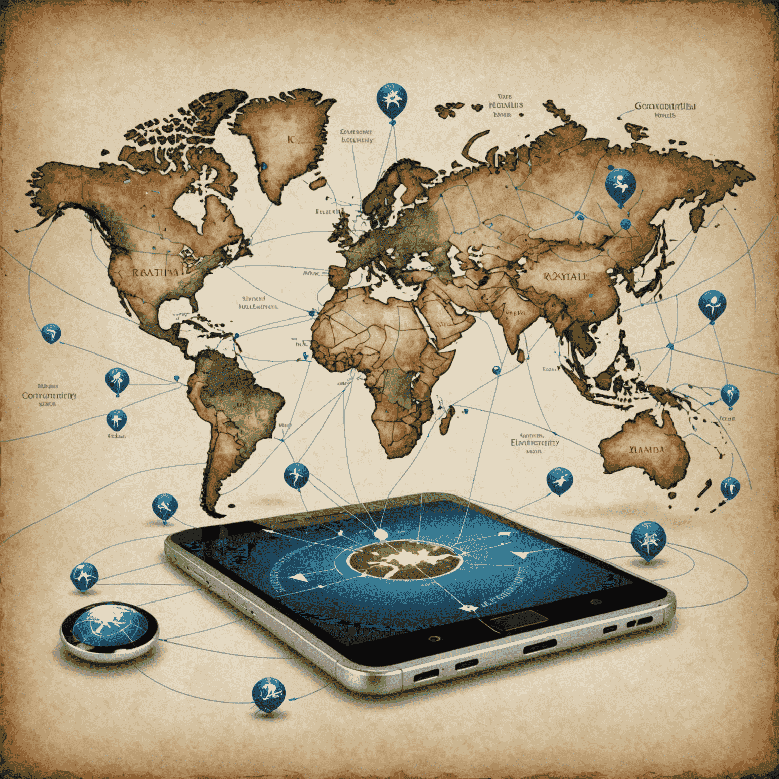 A world map with connected mobile devices, symbolizing global connectivity and international roaming services