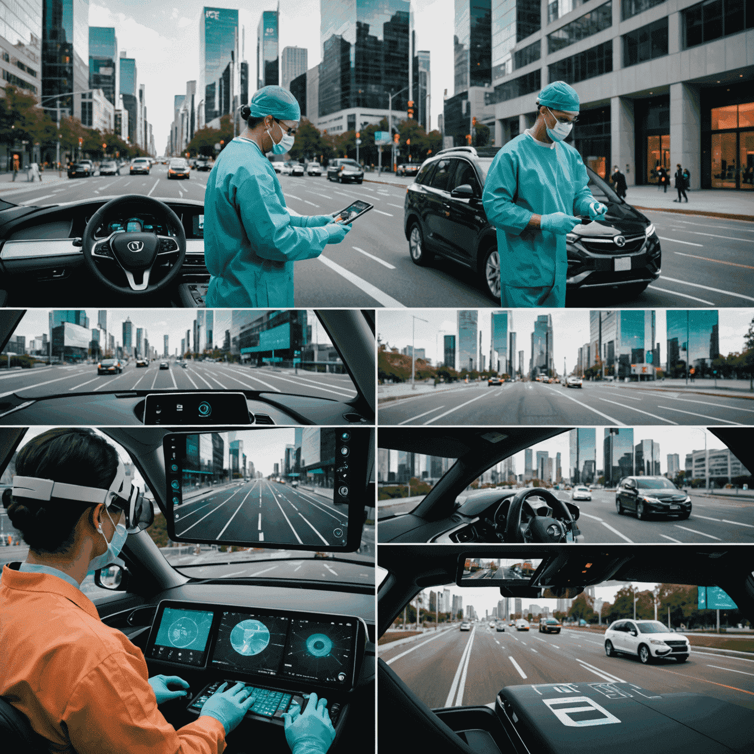 A split-screen image showing a surgeon performing remote surgery and autonomous vehicles navigating a smart city, illustrating the diverse applications of 5G technology