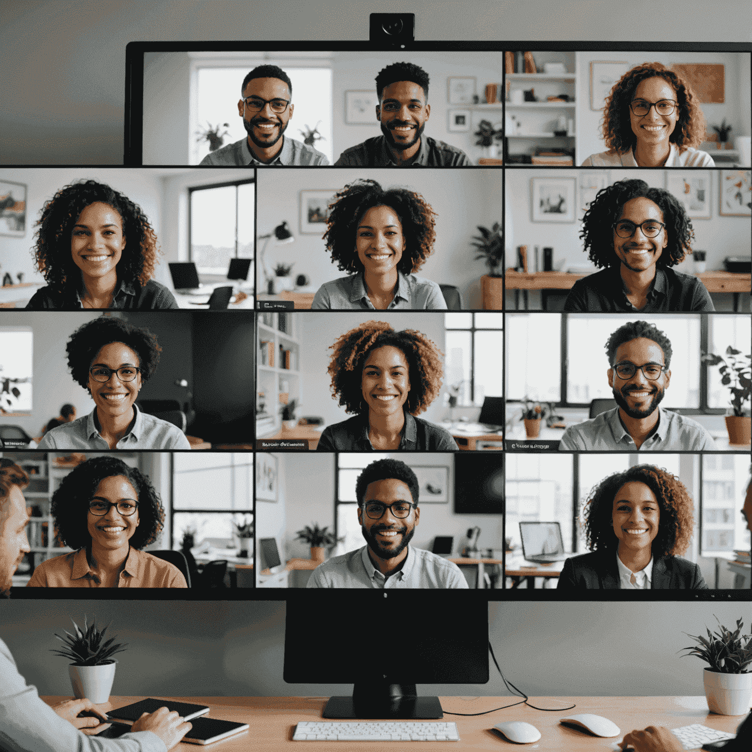 Multiple people engaged in a video conference call, with split screens showing diverse participants and a central larger screen