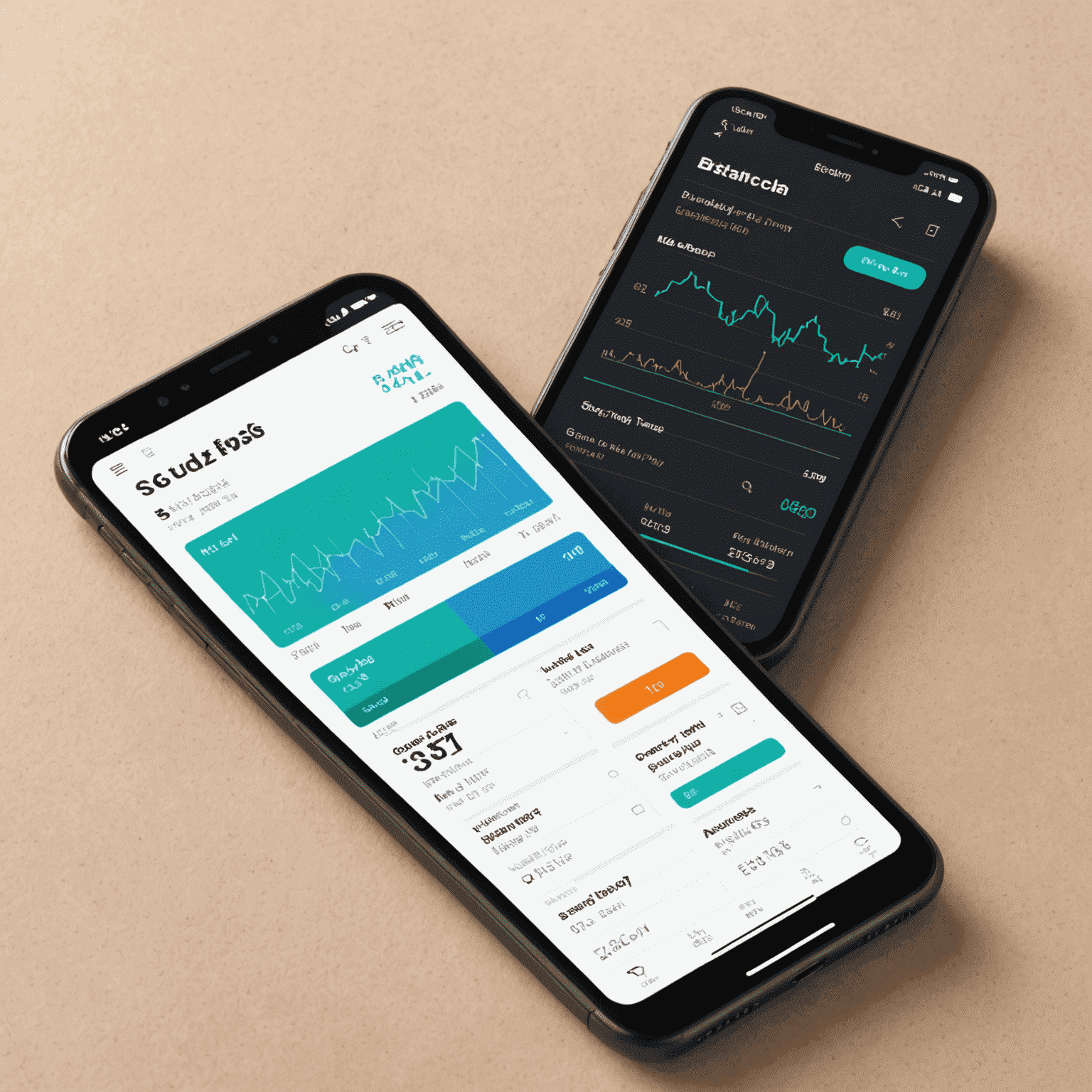 A finance app interface showing graphs, charts, and a du top up feature