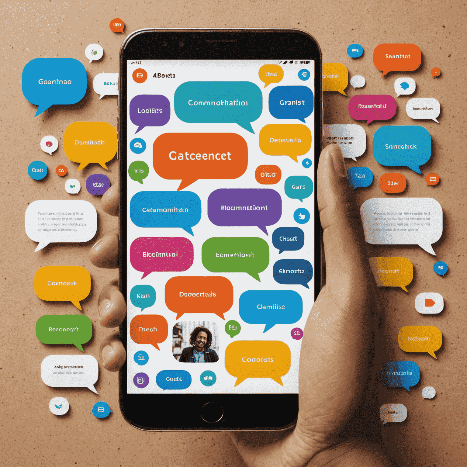 A smartphone screen displaying various chat bubbles with text, images, and file attachments, emphasizing quick and diverse communication