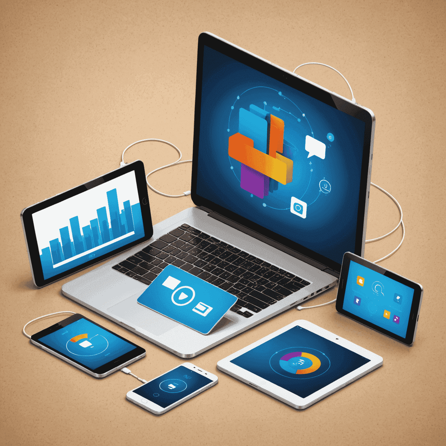 Various devices (smartphone, tablet, laptop) connected to a central data icon, with different sized data package illustrations